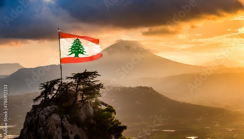 The Flag of Lebanon On The Mountain.