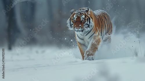 Tiger in wild winter nature. Amur tiger running in the snow. Action wildlife scene with danger animal. Cold winter in tajga Russia   photo