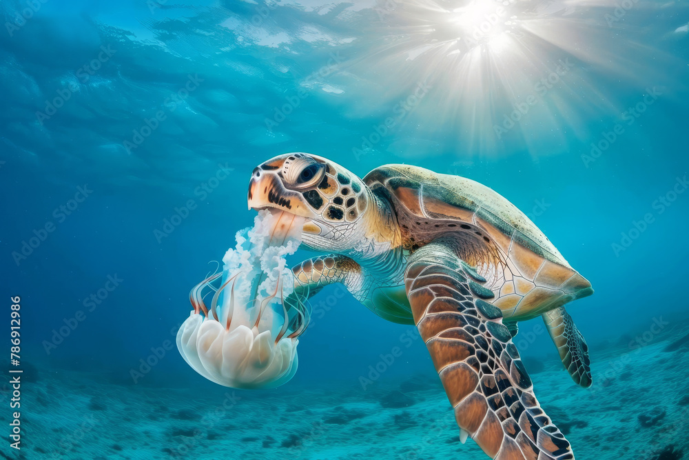 Obraz premium Close-up of a colorful sea turtle gracefully swimming in clear turquoise water, showcasing the beauty of marine life.