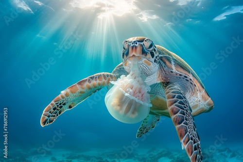 Close-up of a colorful sea turtle gracefully swimming in clear turquoise water  showcasing the beauty of marine life.