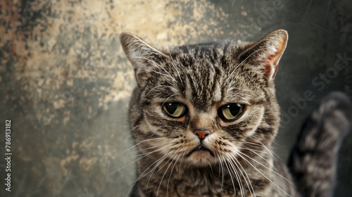 Close-up of a tabby cat with a sad expression against a textured, vintage background. Banner with empty copy space. Generative AI