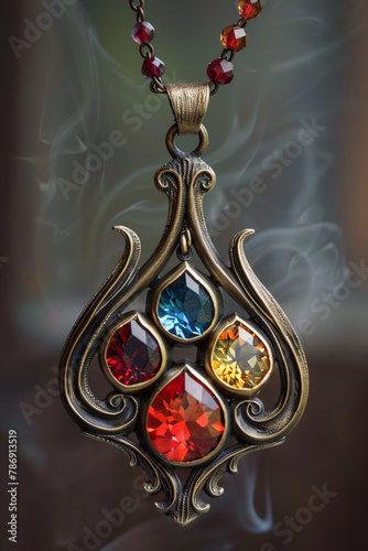 fantasy pendant with four gemstones, magical amulet, red, orange, yellow, blue, smoke in the background