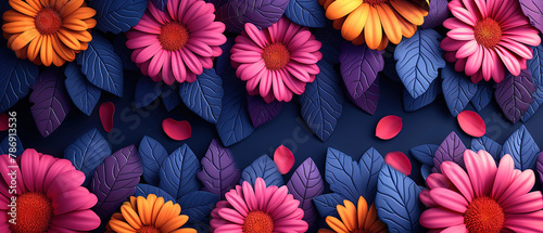 brightly colored flowers are arranged on a dark background with leaves photo