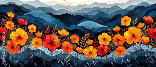 a painting of a field of flowers with mountains in the background