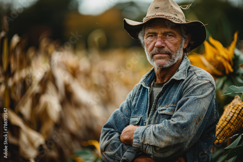 Resolute Farmer Standing in Cornfield.