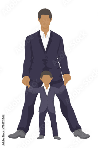 Black father and son in suits stand next to each other holding hands - simple vector style. businessman with son