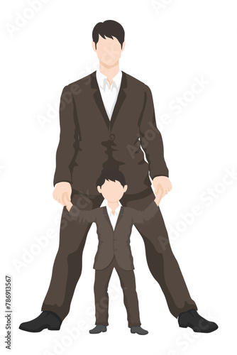 Asian father and son in suits stand next to each other holding hands - simple vector style. businessman with son