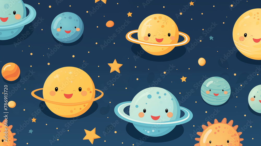 Children's pattern with cute sun and planets characters. Children's pattern for textiles, wallpaper