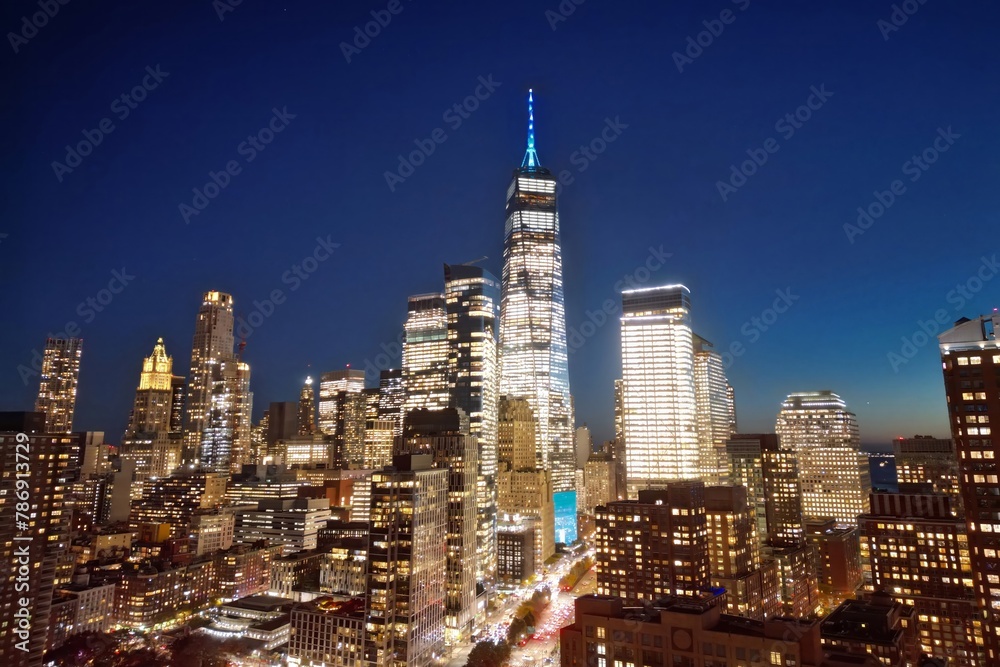 Obraz premium New York City Manhattan at sunrise. Manhattan at Night. NYC Night aerial view of Midtown Manhattan. Manhattan skyline with WTC. Famous landmarks, Skyscrapers skyline. Night traffic in big city.