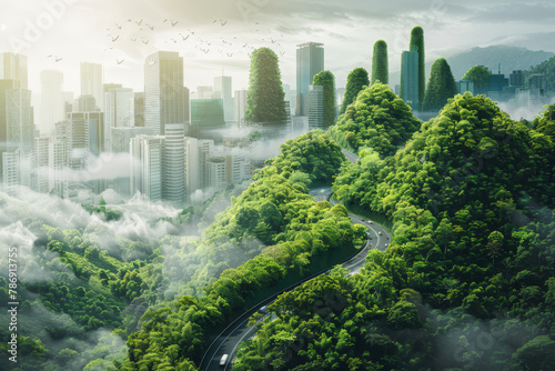 Futuristic Green Cityscape with Eco-Friendly Buildings.