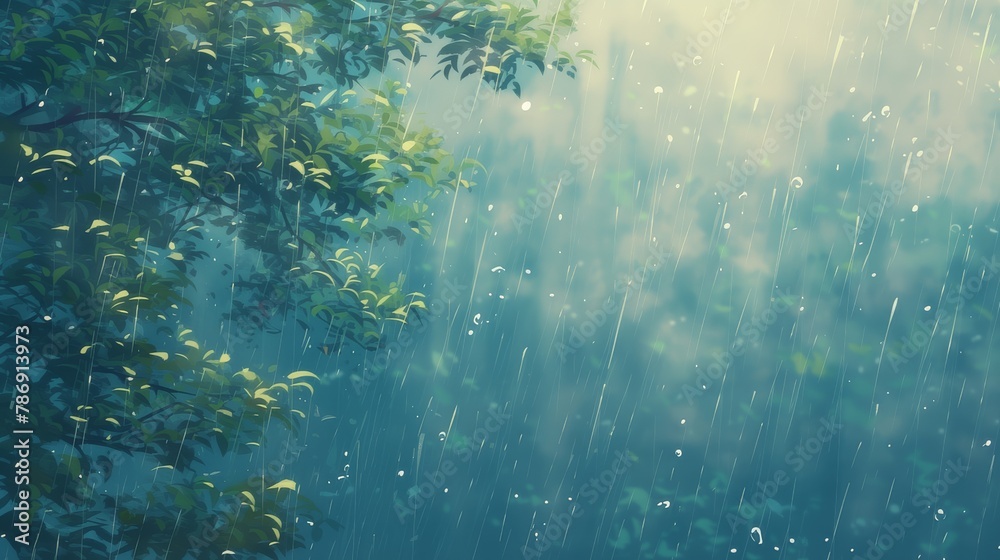 Obraz premium Anime rainy background with tree on the left side