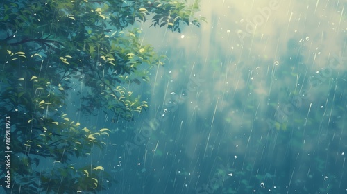 Anime rainy background with tree on the left side