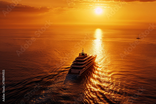 A majestic luxury cruise liner cuts through calm ocean waters as the sun sets, casting a golden hue over the seascape..