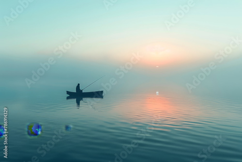 Fishing Boat in Misty Calm Sea.