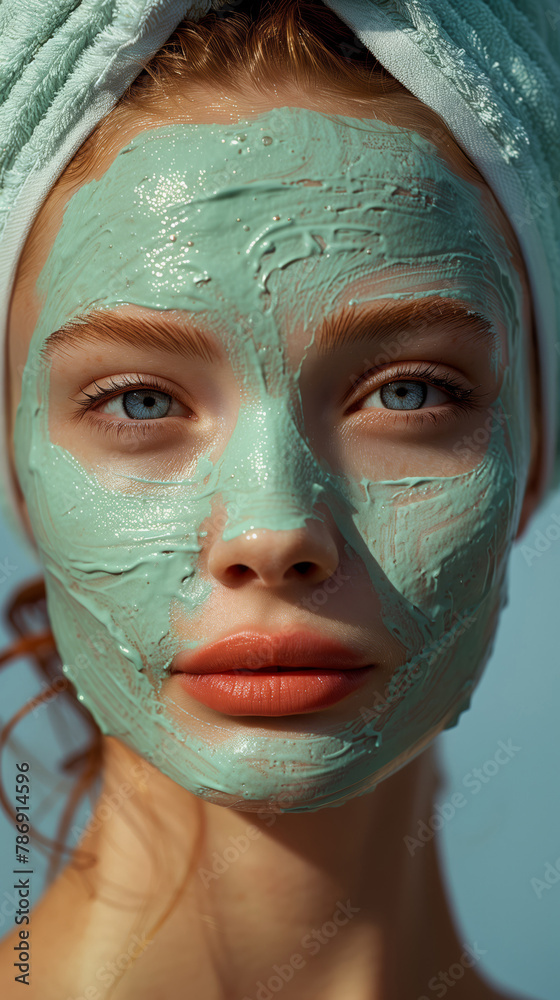 Fototapeta premium Refreshed Woman With Full Green Clay Mask, Blue Eyes Open