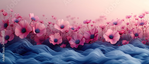 a many pink flowers in a field with blue fabric photo