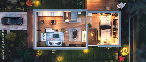 Tiny house floor plan 3d illustration. Generative ai design concept art.