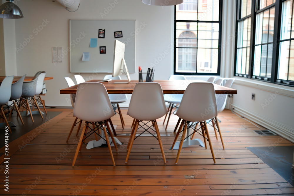 Fototapeta premium Modern office with equipment and chairs. Photo without people and human