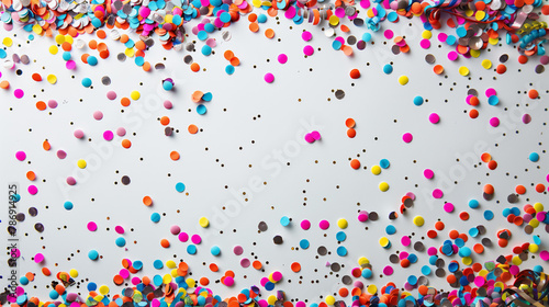 Colorful Confetti Scatter on White Background. Birthday postcard with empty copy space. Generative AI