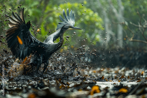 Anhinga Bird Splashing Water in Wild Habitat. photo