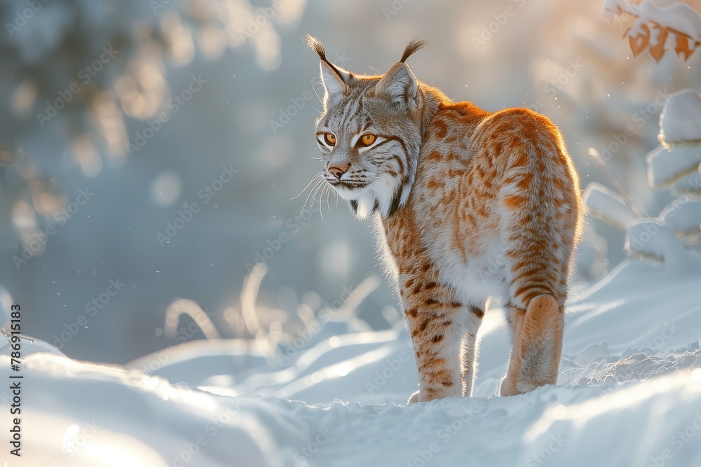 a lynx is standing in the snow looking at the camera