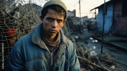 A man stands resiliently in front of a mountain of debris