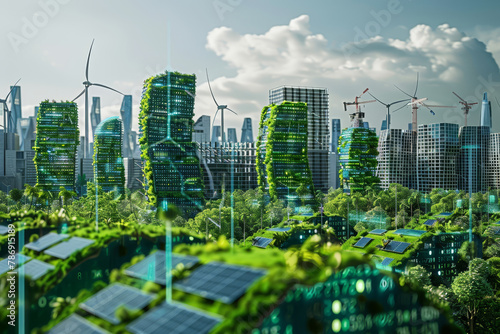 Futuristic Green Cityscape with Eco-Friendly Buildings.