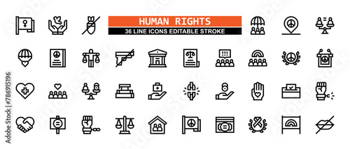 36 Human Rights Line Icons Set Pack Editable Stroke Vector Illustration.