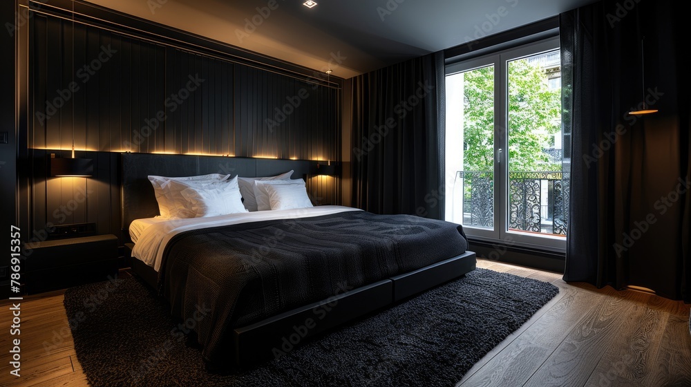 A dark bedroom with a white bed A dark bedroom with a white bed