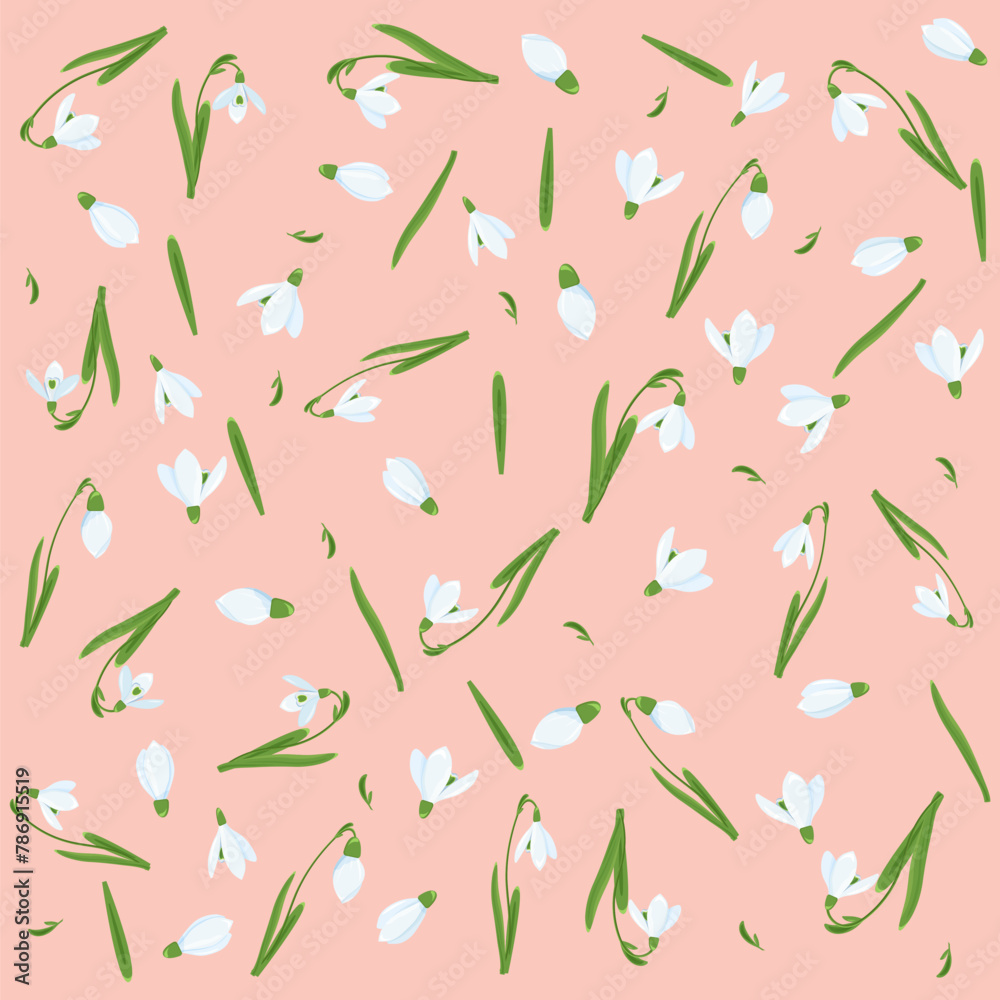 Spring pattern of snowdrops. Spring wallpaper, background from snowdrops. Spring composition of snowdrops. Spring flowers.	