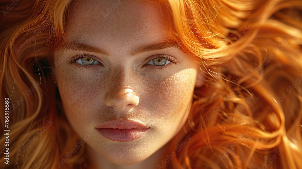 Redheaded Woman with Vibrant Curls and Freckled Complexion. Redheaded Woman with Vibrant Curls and Freckled Complexion.