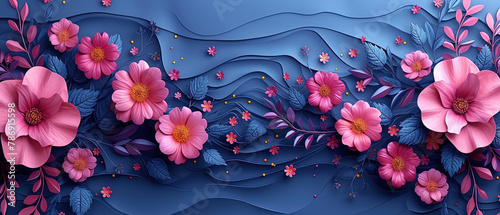 flowers are in the middle of a blue background with pink leaves photo