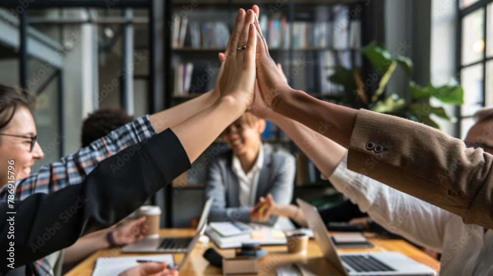 Obraz premium A group of professionals joyfully celebrating in a vibrant office environment