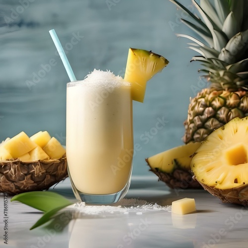 A refreshing pineapple coconut smoothie with a pineapple and coconut slice3