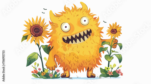 Cartoon yellow monster with sunflower . Vector Hallow