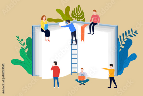 Book Festival concept, small people reading open huge book