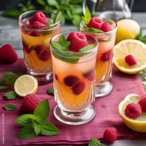 A refreshing raspberry mint lemonade with a raspberry, mint, and lemon garnish2