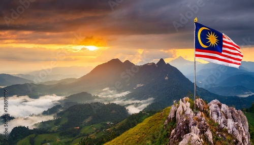 The Flag of Malaysia On The Mountain. photo
