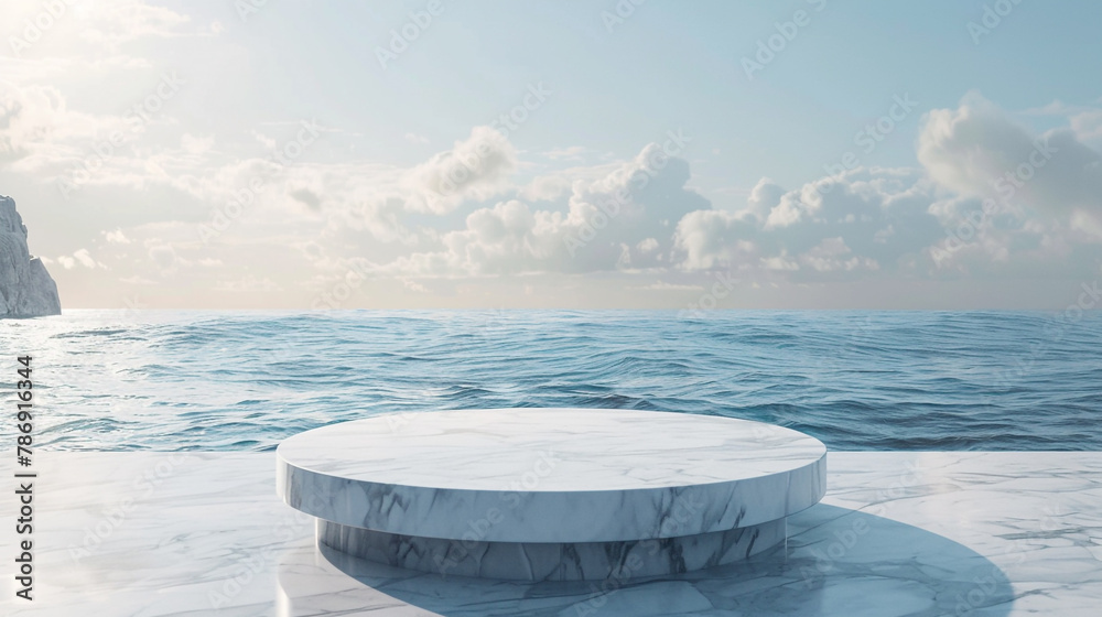 Elevate your product presentation with an AI-crafted image featuring a pristine white marble podium overlooking the sea. 