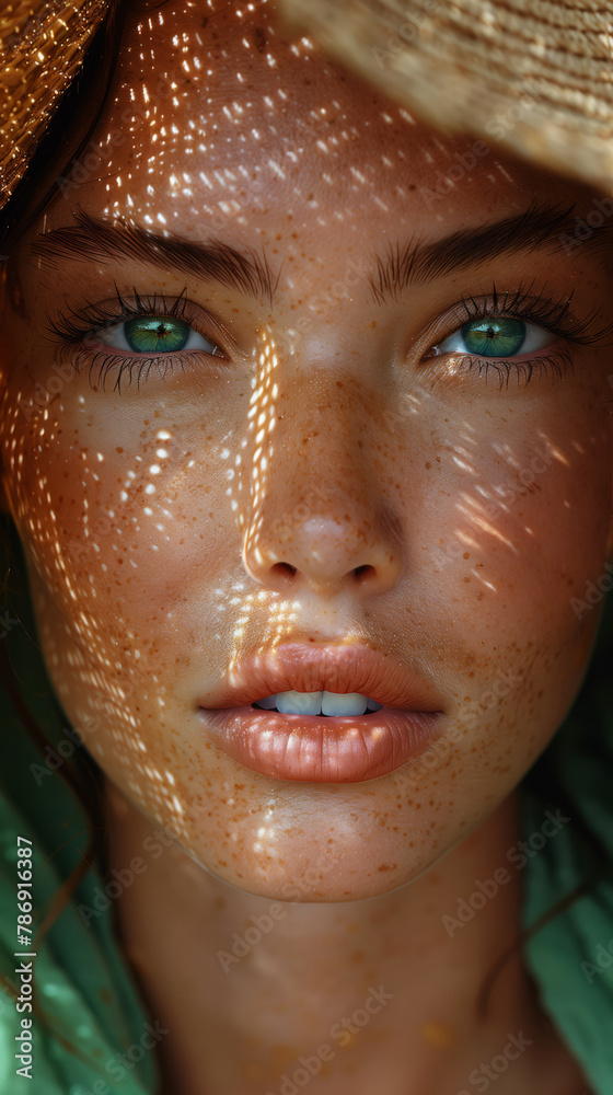 A Young Woman's Portrait Bathed In Sunlight, Casting Intricate Shadows Across Her Freckled Skin, Complemented By A Straw Hat A Young Woman's Portrait Bathed In Sunlight, Casting Intricate Shadows Across Her Freckled Skin, Complemented By A Straw Hat