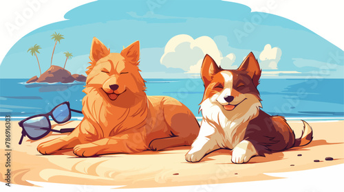 Cat and dog happily relaxing on the beach on vacation