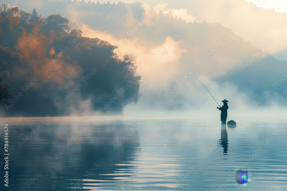In the silent, mist-covered waters of early dawn, a lone fisherman stands immersed in the calm, casting a line into the endless expanse..