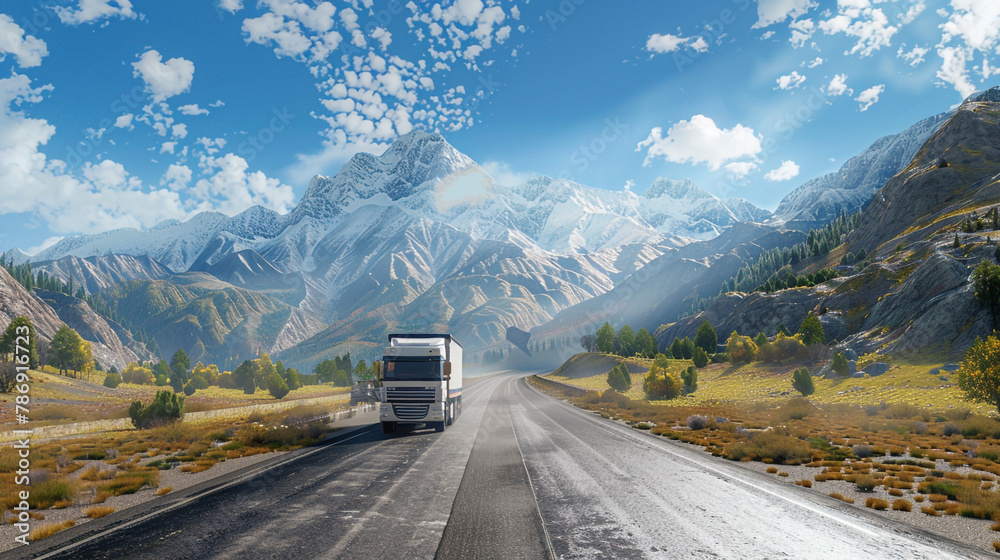 Embark on a journey with an AI-generated image capturing the front view of a single truck traveling on a road leading to majestic mountains on a sunny day. Embark on a journey with an AI-generated image capturing the front view of a single truck traveling on a road leading to majestic mountains on a sunny day.
