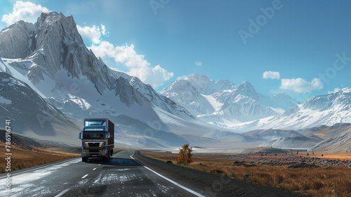 Embark on a journey with an AI-generated image capturing the front view of a single truck traveling on a road leading to majestic mountains on a sunn day.  photo