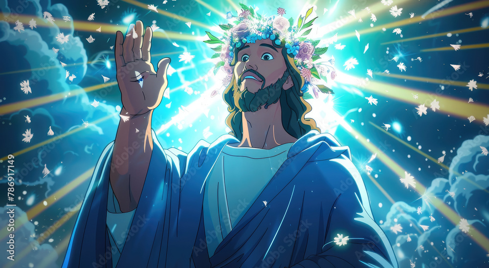 Fototapeta premium Jesus with blue robes and crown of flowers on his head, holding up one hand in prayer with light shining out from behind him
