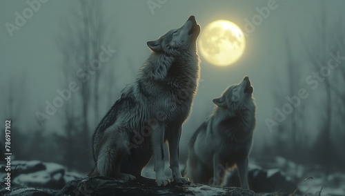 Two wolves are howling under the full moon in the nocturnal sky