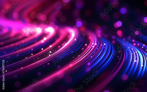 Abstract background with purple and blue technology glowing neon lines and bokeh lights. 