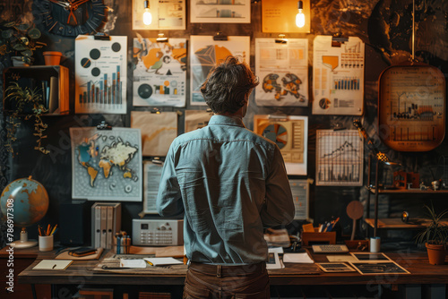 A person stands analyzing diverse charts and world maps in a cozy, vintage-styled home office setup..