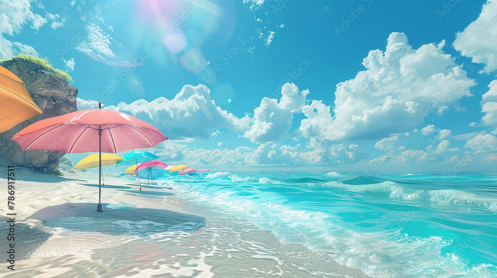 Embark on a visual journey to a paradisiacal beach during summer. Crystal blue waters meet a sky adorned with vibrant hues and multi-colored beach umbrellas, creating a postcard-perfect scene. 