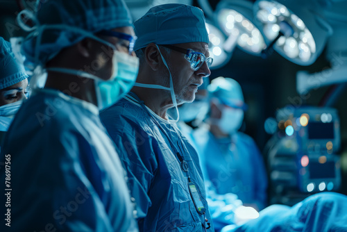 A team of surgeons in scrubs intensely focused during a surgical procedure under bright operating lights..